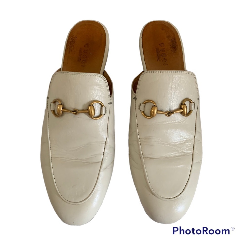 Gucci Princetown Leather Slipper Horsebit Slides Sz 37 White Cream
